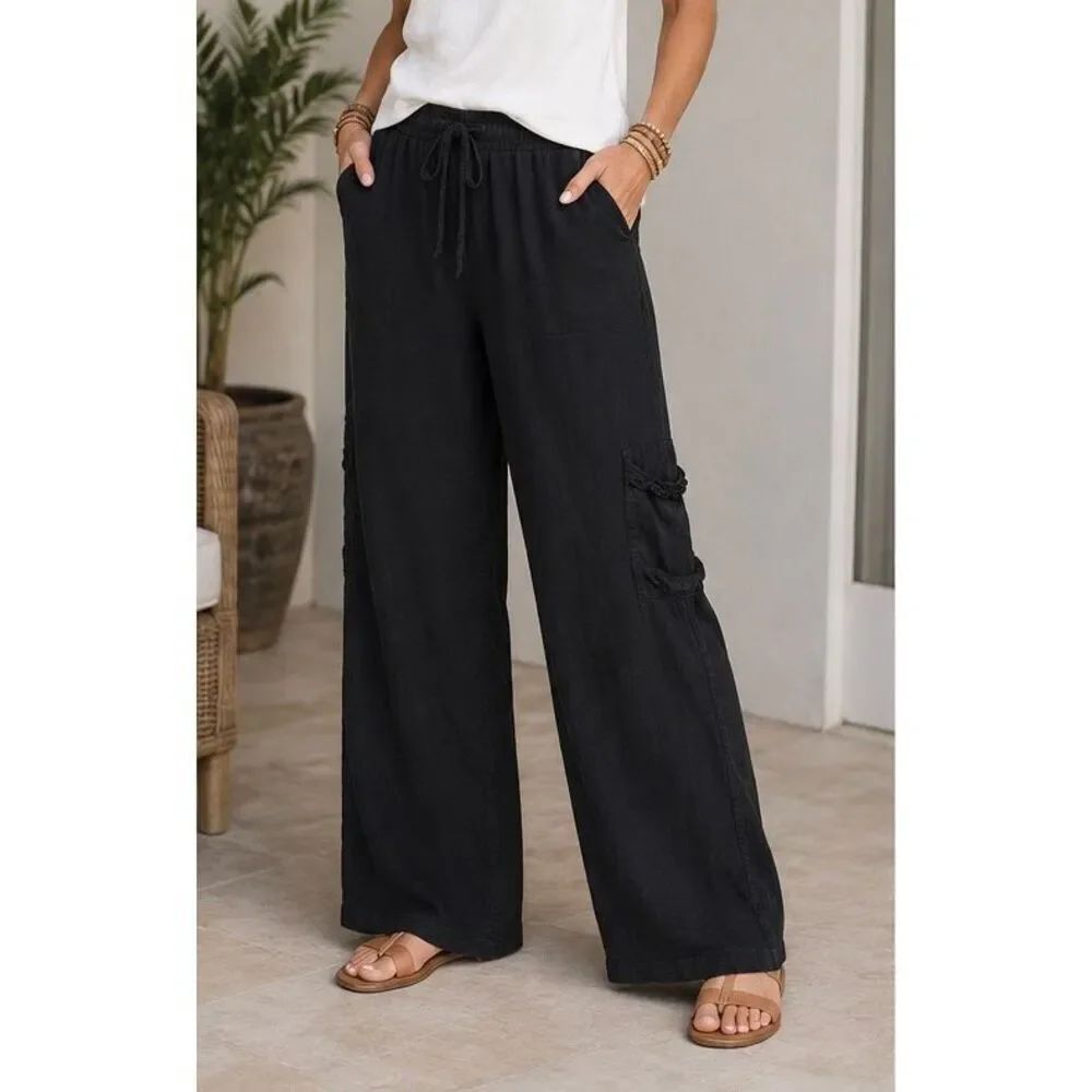 Soft Surroundings Black Linen Blend Wide Leg Cargo Pants Women’s L Boho Resort